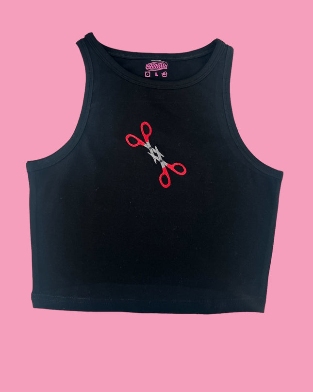 a black crop top with a pair of scissors on it