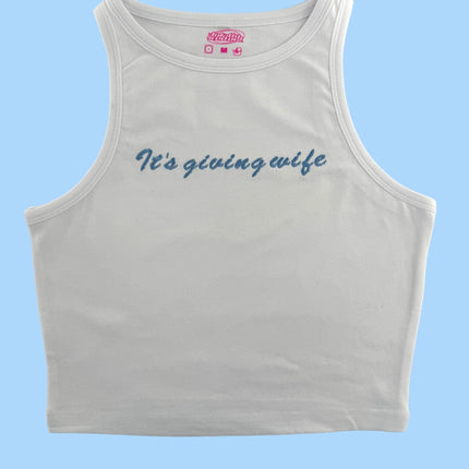 a white crop top that says it&#39;s going wife
