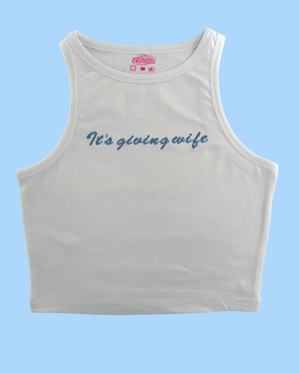a white crop top that says it&#39;s going wife