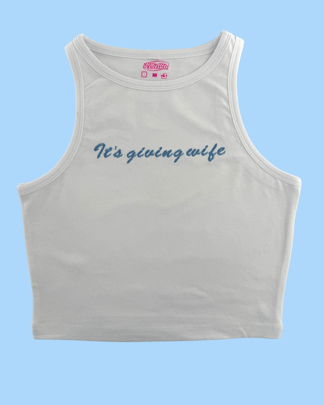 a white crop top that says it&#39;s going wife