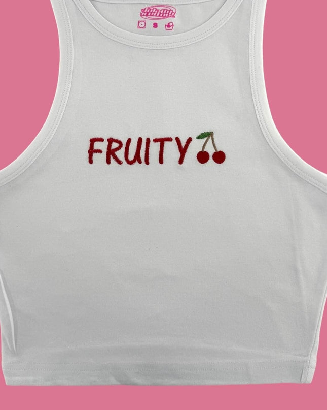 a white crop top with fruity written on it