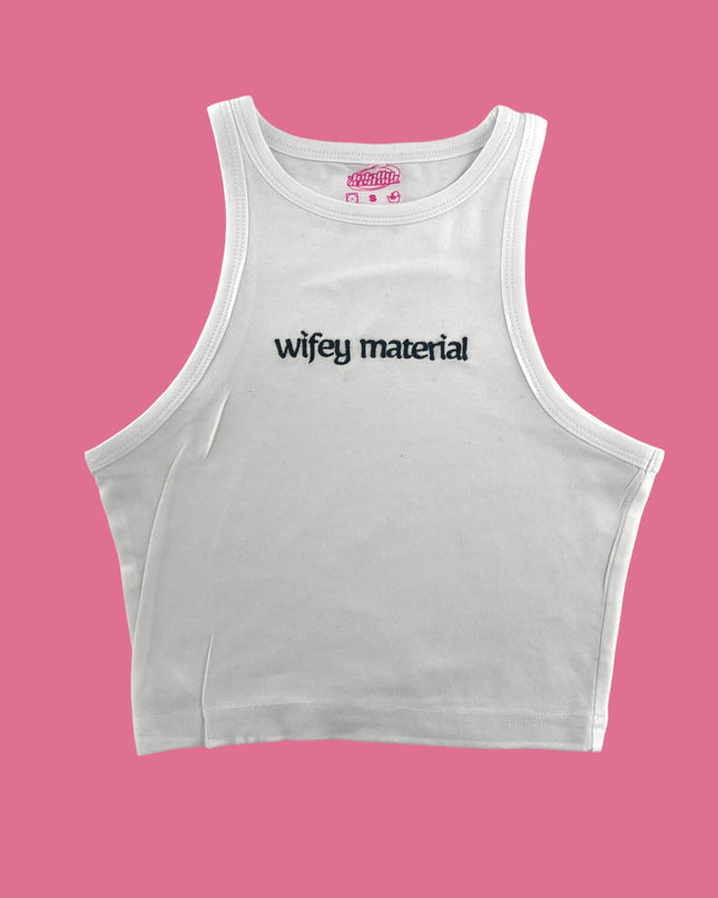 a white crop top with the words&#39;wiffyy material&#39;printed on it