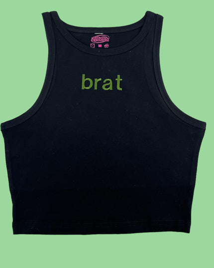 a black tank top with the word brat on it