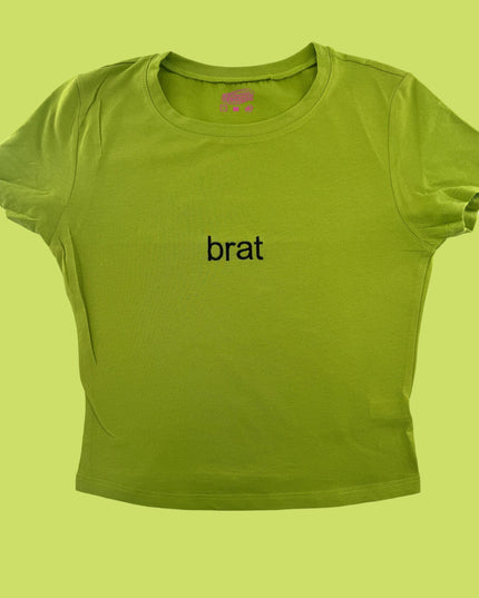 a green t - shirt with the word brat on it