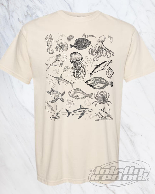 a t - shirt with an image of various sea animals on it