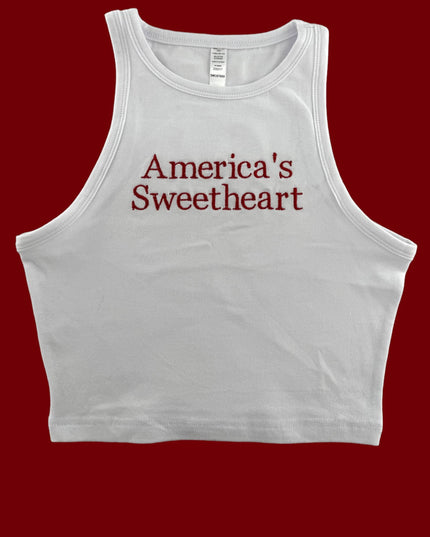 a white tank top with the words america&#39;s sweetheart on it