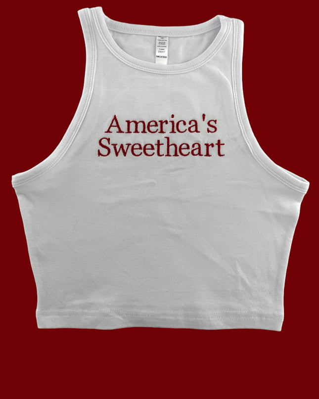 a white tank top with the words america&#39;s sweetheart on it