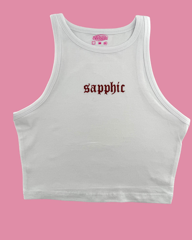 a white crop top with the word sapplic printed on it
