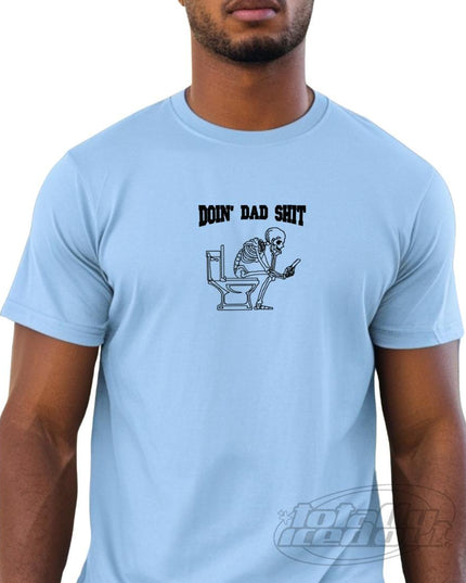 a man wearing a blue shirt that says don&#39;t bad shit