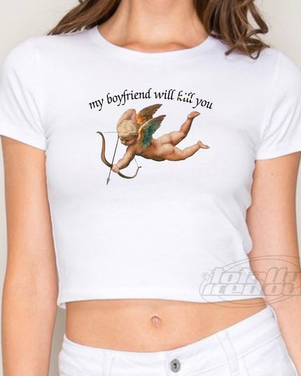 a woman wearing a white shirt with a cupid cupid cupid cupid