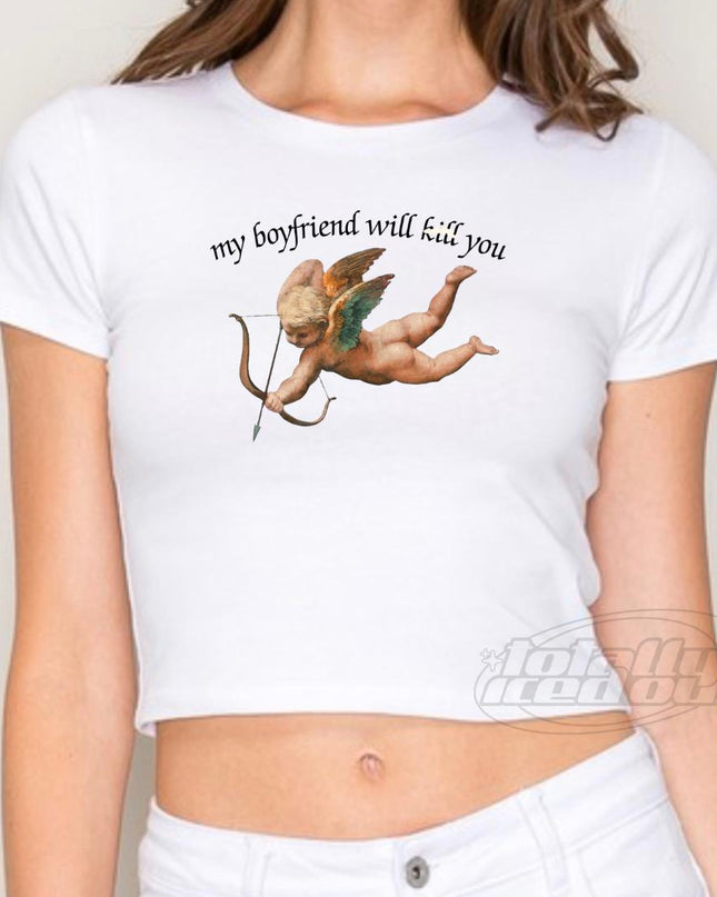 a woman wearing a white shirt with a cupid cupid cupid cupid