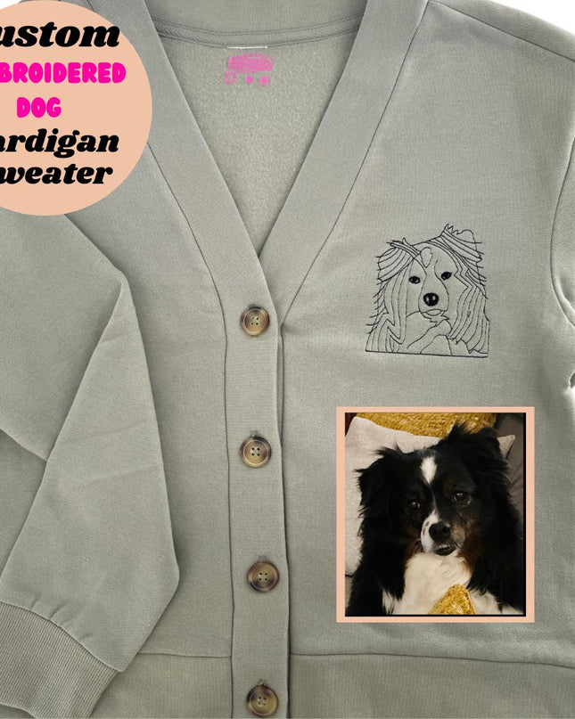 a cardigan sweater with a picture of a dog on it