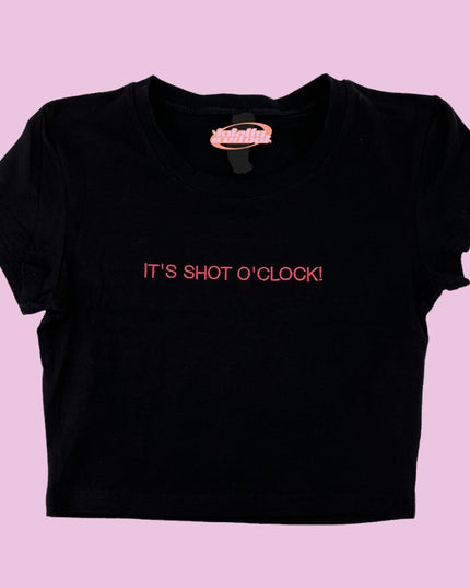 a black t - shirt that says it&#39;s shot o&#39;clock