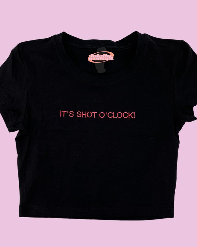 a black t - shirt that says it&#39;s shot o&#39;clock