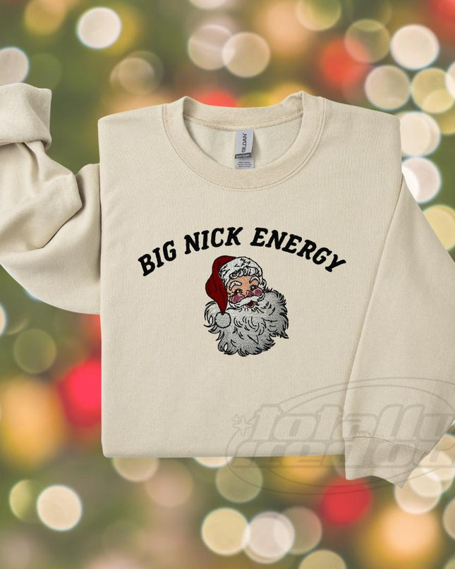 a white sweater with a santa clause on it