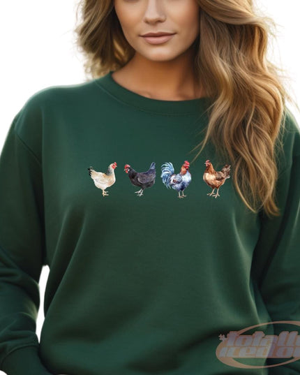 a woman wearing a green sweater with chickens on it