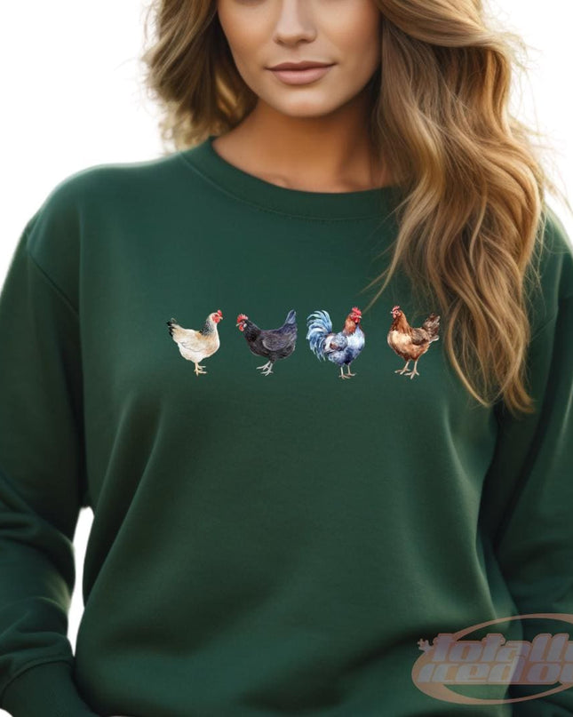 a woman wearing a green sweater with chickens on it