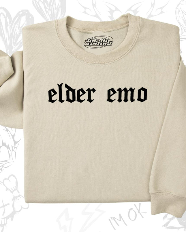 a sweater with the word elder emo printed on it
