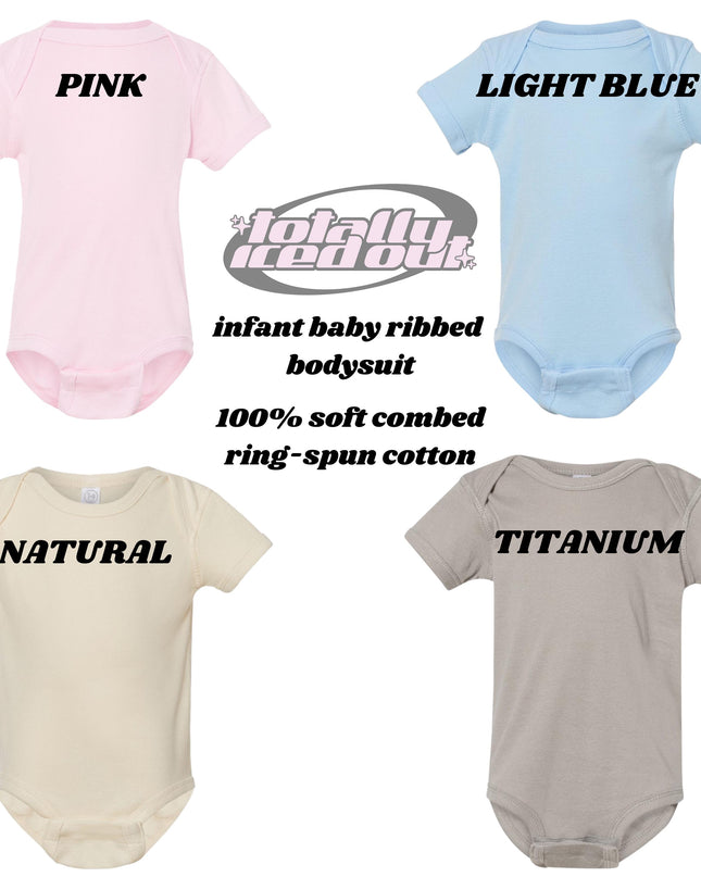 a set of three bodysuits with the words pink, light blue, infant
