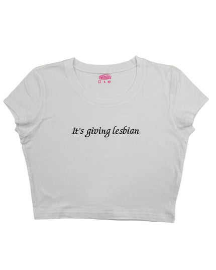a white crop top that says it's going lesbian