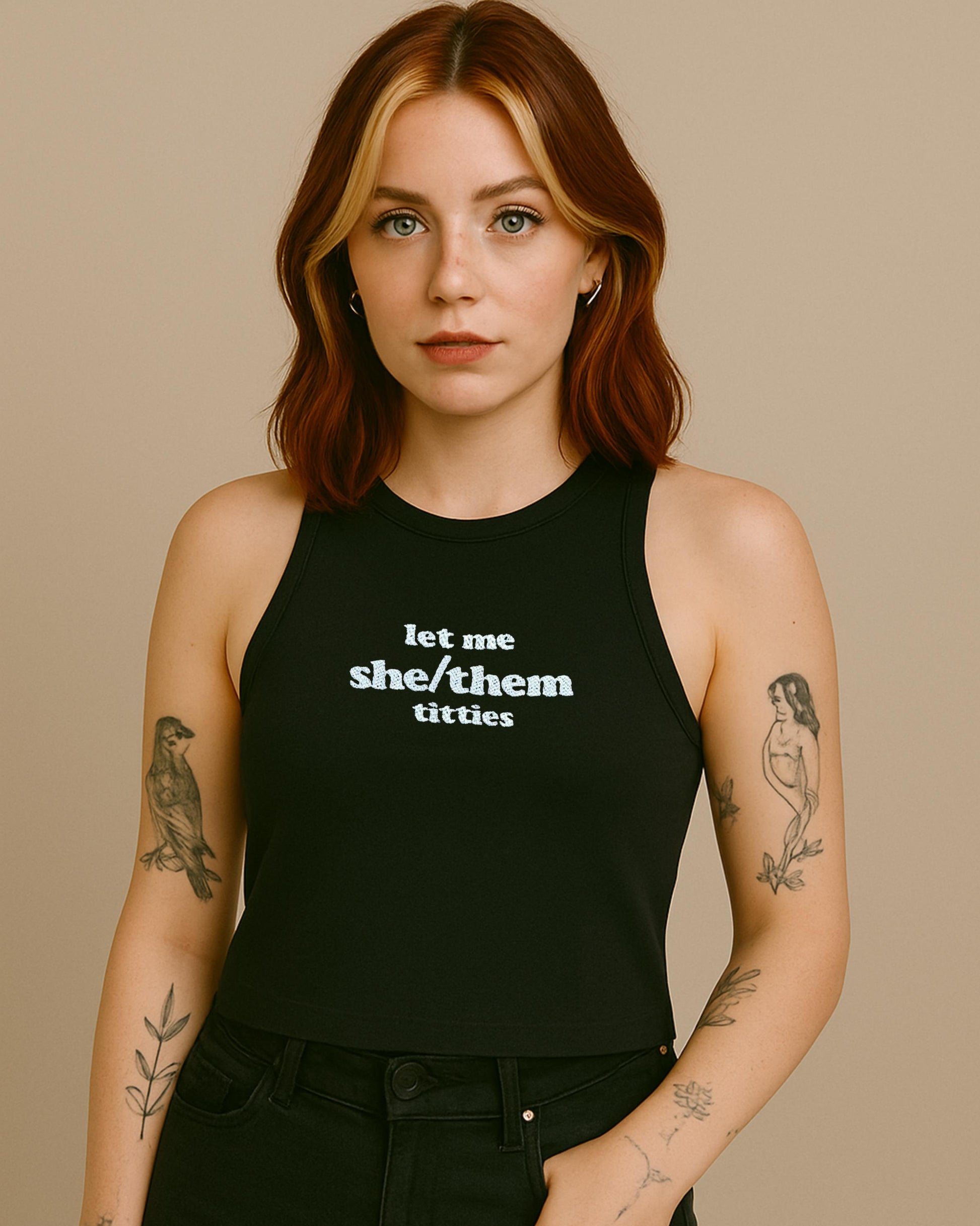 a woman wearing a black tank top with the words let me show them trues