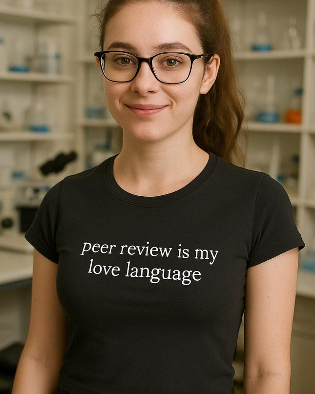 a woman wearing a t - shirt that says peer review is my love language