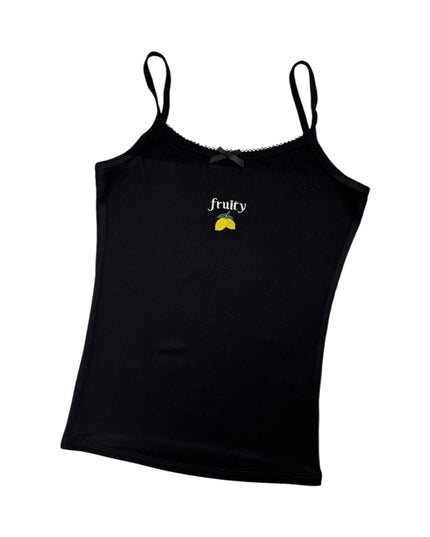 a women's black tank top with a yellow mustache on it