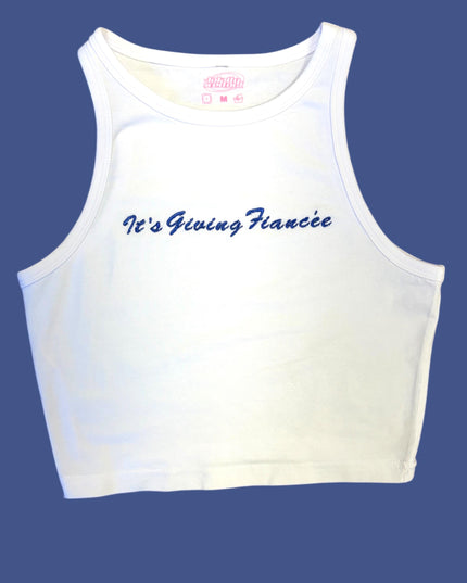 a white crop top that says it's young france