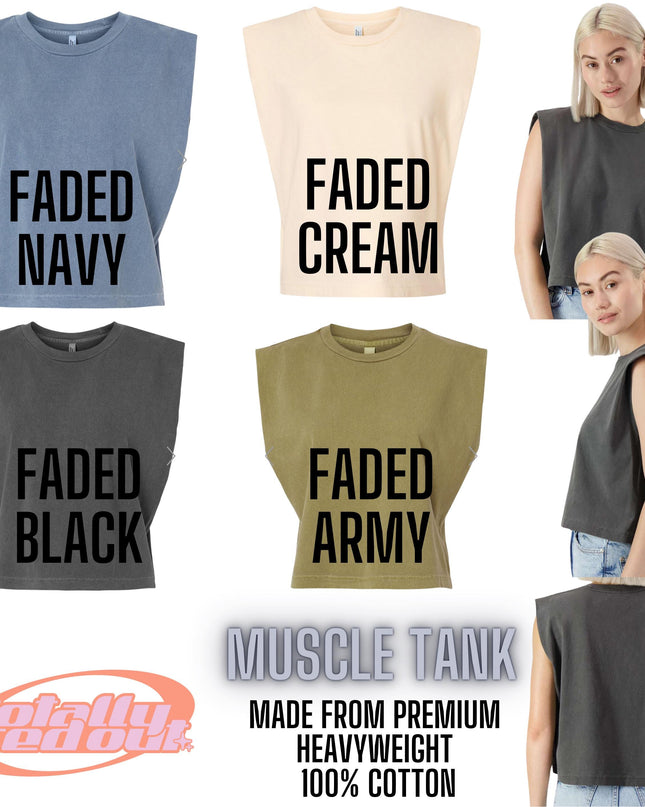 a woman wearing a crop top with the words faded navy, faded army, faded