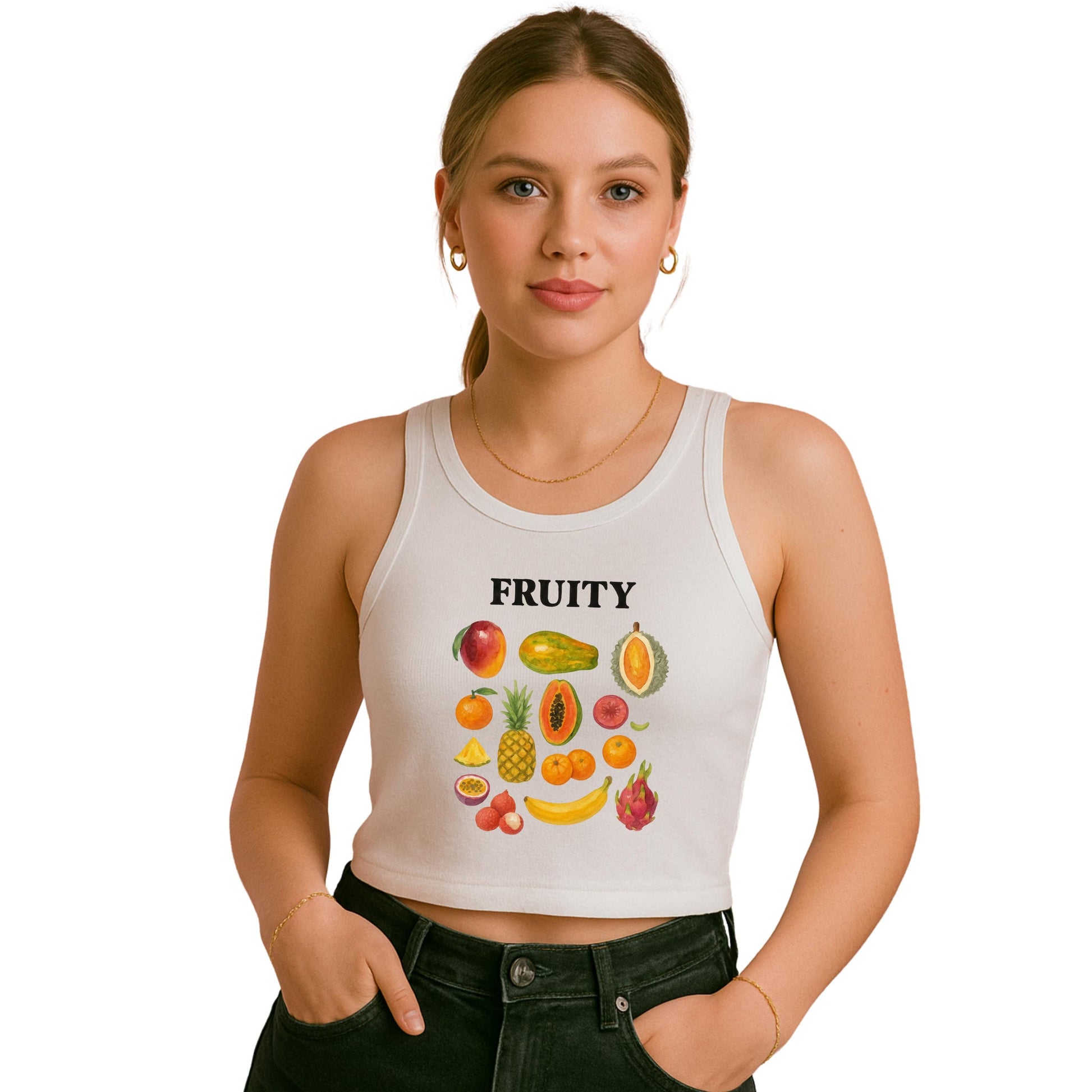 a woman wearing a white crop top with fruit on it