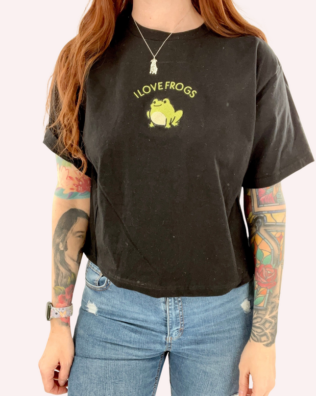 I Love Frogs Embroidered Cropped Tee
