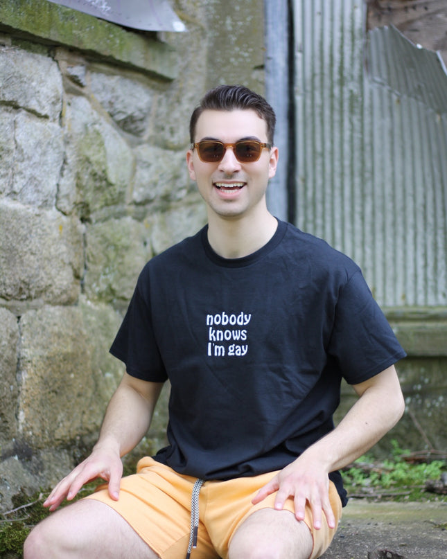 Nobody Knows I'm Gay Unisex Embroidered T-Shirt or Crewneck Sweatshirt
