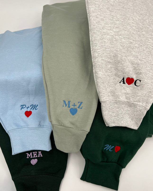 Custom Embroidered Initial Heart Sweatshirt | Couple Crewneck | Personalized Sleeve Sweatshirt | Initial on Sleeve| Sleeve Initial Shirt