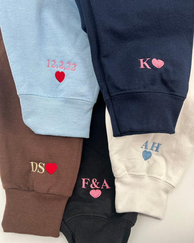 Custom Embroidered Initial Heart Sweatshirt | Couple Crewneck | Personalized Sleeve Sweatshirt | Initial on Sleeve| Sleeve Initial Shirt