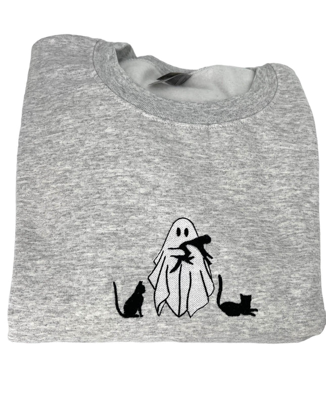 Ghost Kitty Unisex Halloween Embroidered T-Shirt or Crewneck Sweatshirt