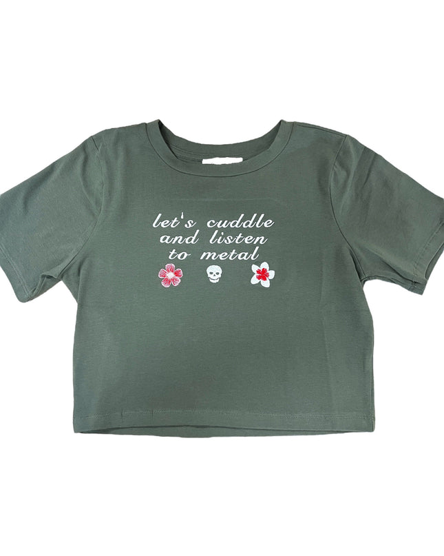 Let's Cuddle and Listen to Metal Embroidered Crop Top