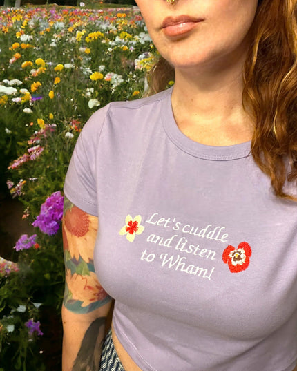 Let's Cuddle and Listen to Wham! Embroidered Crop Top