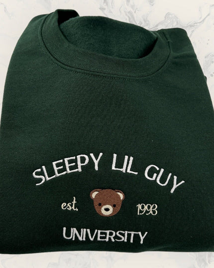 Sleepy Lil Guy University Cute Unisex Embroidered T-Shirt or Crewneck Sweatshirt