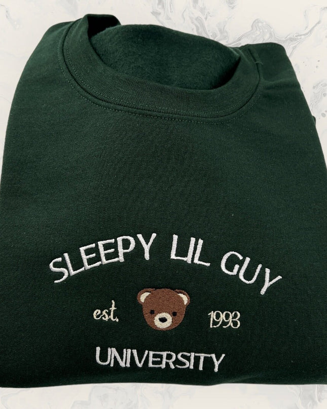 Sleepy Lil Guy University Cute Unisex Embroidered T-Shirt or Crewneck Sweatshirt