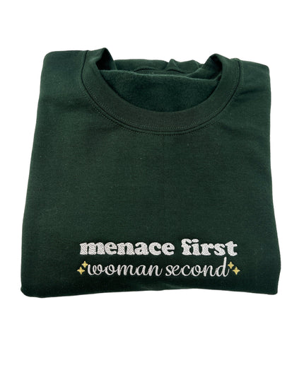 Menace First Woman Second Sparkle Embroidered Unisex T-Shirt or Sweatshirt