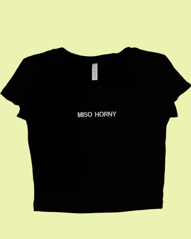 a black t - shirt with the word misso horny printed on it
