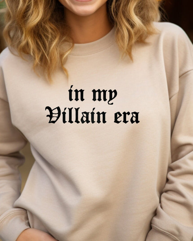 a woman wearing a sweatshirt that says i&#39;m my villain era