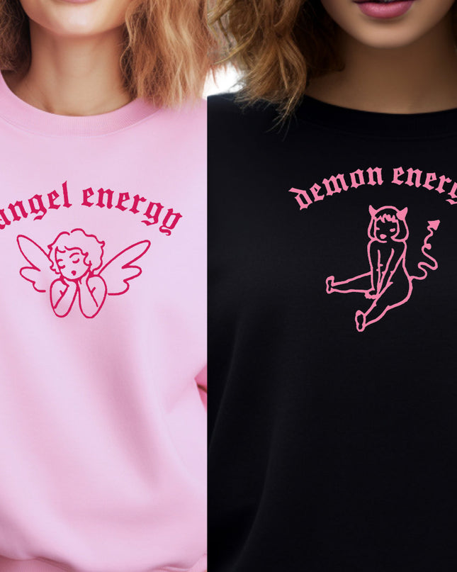 two models wearing matching sweatshirts with the same slogan