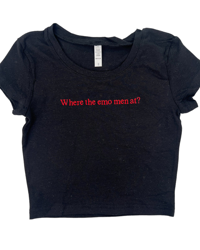 a black t - shirt with red writing that says where the emo men are