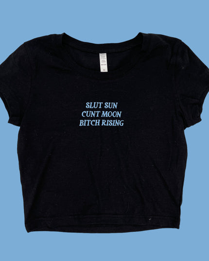 a black t - shirt that says slut sun, cunt moon, bitch